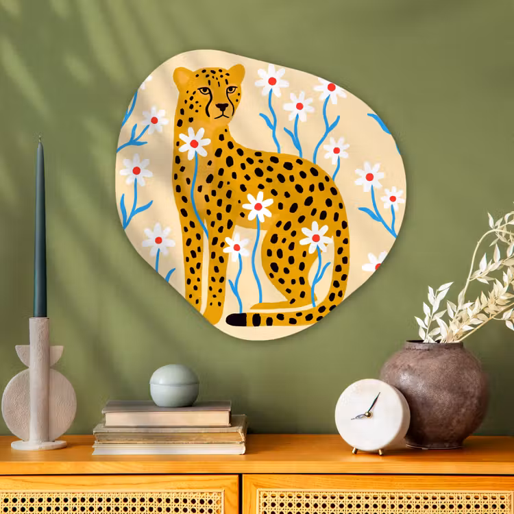Glasbild Organische Form - Tiere – Gepard – Blumen – Modern – Gelb — 2