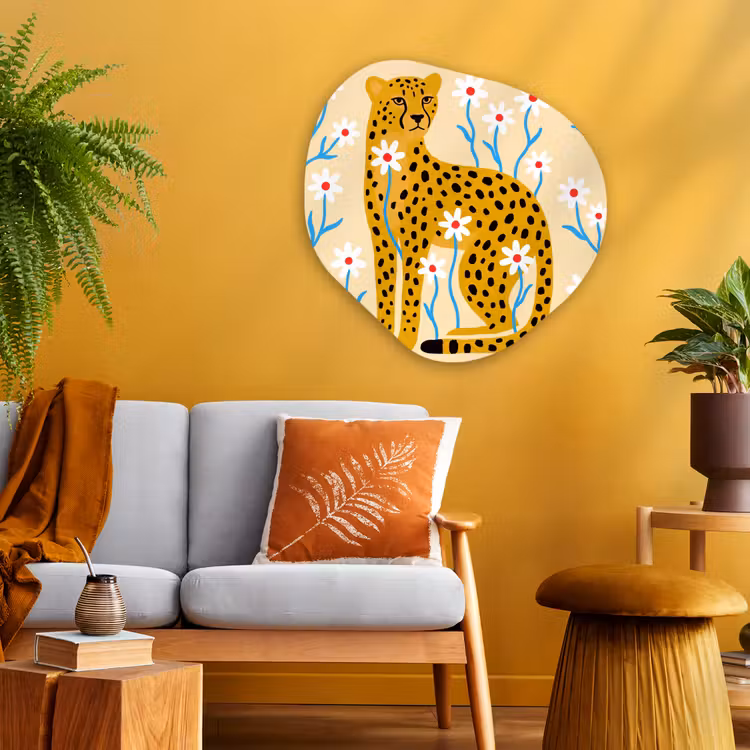 Glasbild Organische Form - Tiere – Gepard – Blumen – Modern – Gelb — 3