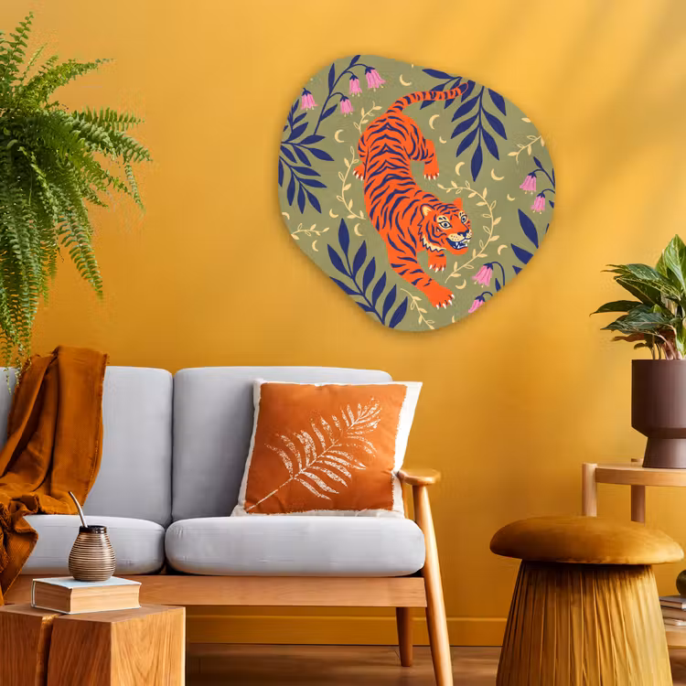 Glasbild Organische Form - Tiger – Blätter – Tiere – Illustration – Orange — 3