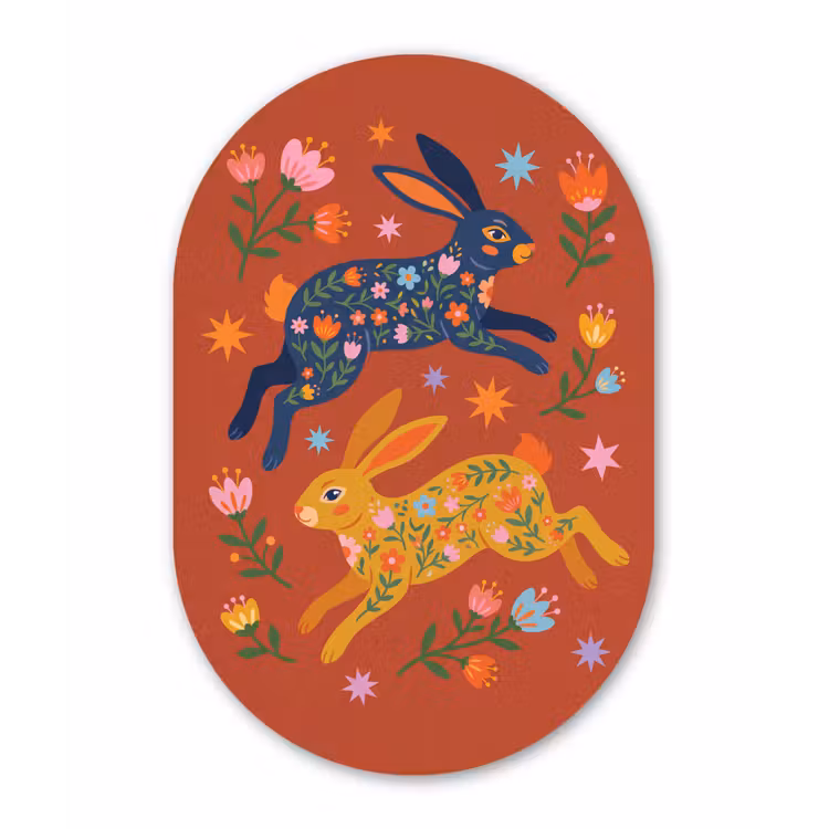 Glasbild Oval - Kaninchen – Blumen – Volkskunst – Farbenfroh – Tiere — 1