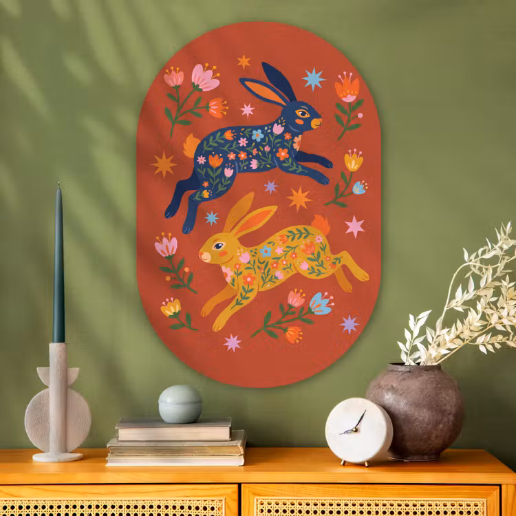 Glasbild Oval - Kaninchen – Blumen – Volkskunst – Farbenfroh – Tiere — 2