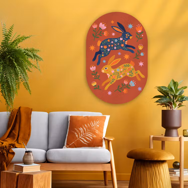 Glasbild Oval - Kaninchen – Blumen – Volkskunst – Farbenfroh – Tiere — 3