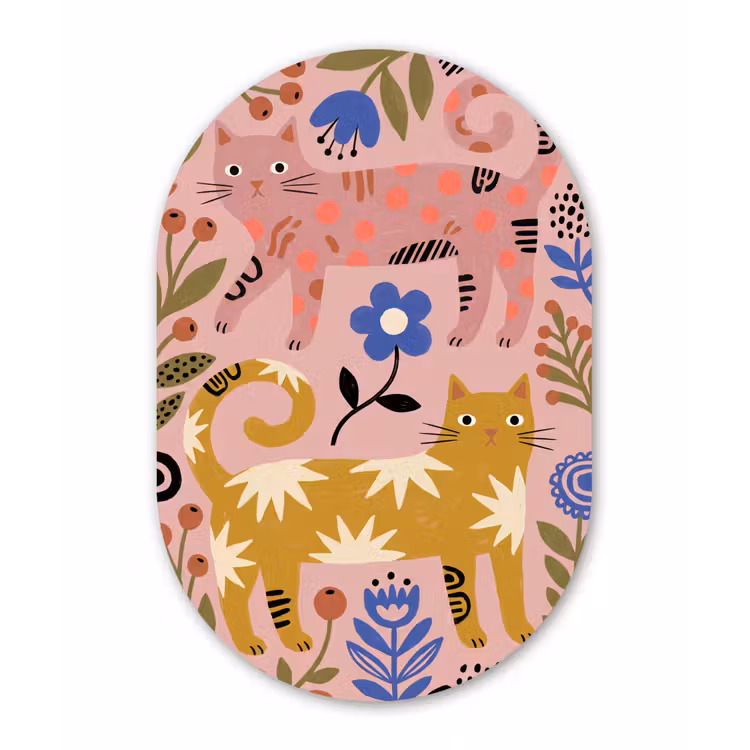 Glasbild Oval - Katze – Blumen – Tiere – Modern – Rosa — 1