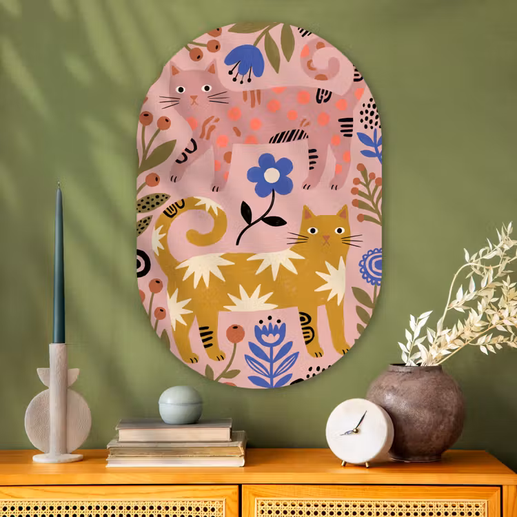 Glasbild Oval - Katze – Blumen – Tiere – Modern – Rosa — 2