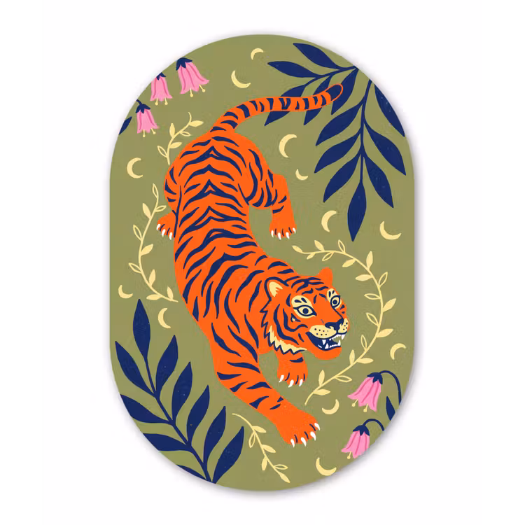Glasbild Oval - Tiger – Blätter – Tiere – Illustration – Orange — 1