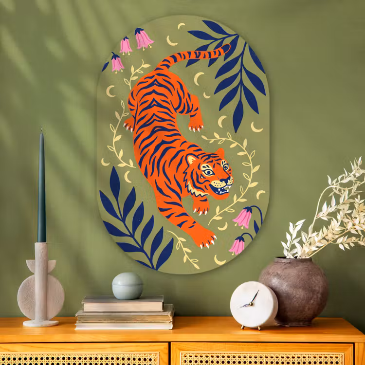 Glasbild Oval - Tiger – Blätter – Tiere – Illustration – Orange — 2