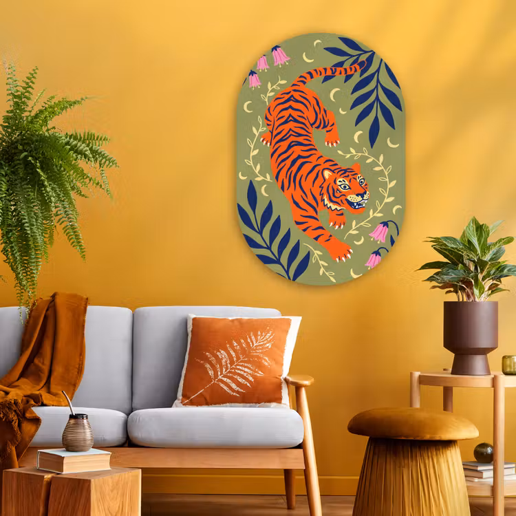 Glasbild Oval - Tiger – Blätter – Tiere – Illustration – Orange — 3