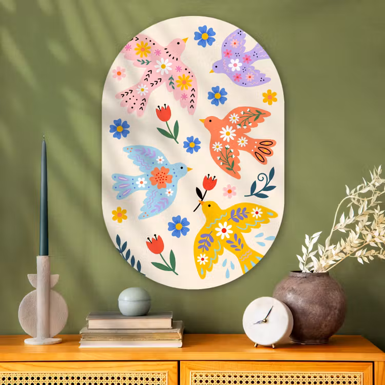 Glasbild Oval - Vögel – Blumen – Folk – Bunt – Tiere — 2