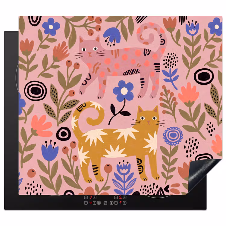 Herdabdeckplatte - Katze – Blumen – Tiere – Modern – Rosa — 1