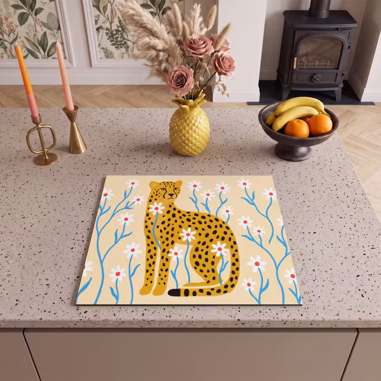 Herdabdeckplatte - Tiere – Gepard – Blumen – Modern – Gelb — 2