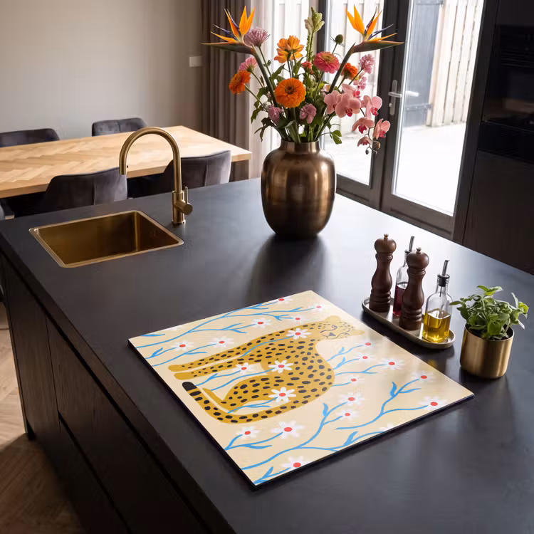 Herdabdeckplatte - Tiere – Gepard – Blumen – Modern – Gelb — 5
