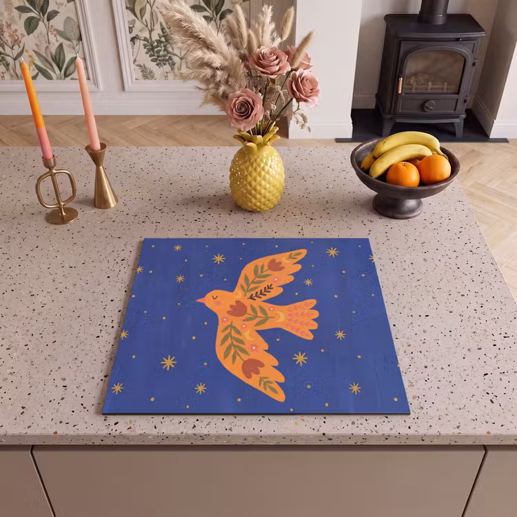 Herdabdeckplatte - Vogel – Blumen – Dekorativ – Orange – Blau — 2