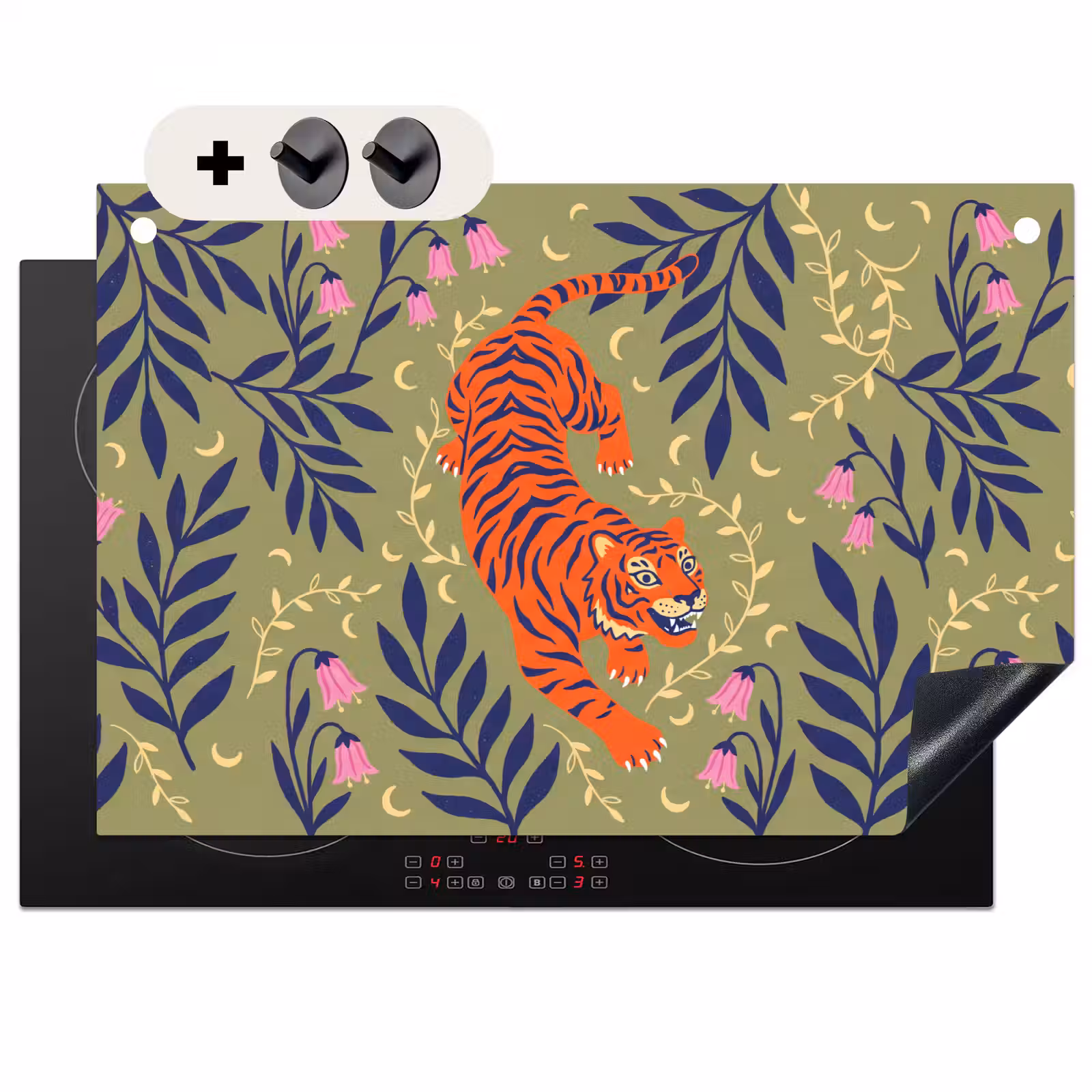 2-in-1 Herdabdeckplatte & Spritzschutz - Tiger – Blätter – Tiere – Illustration – Orange — 1