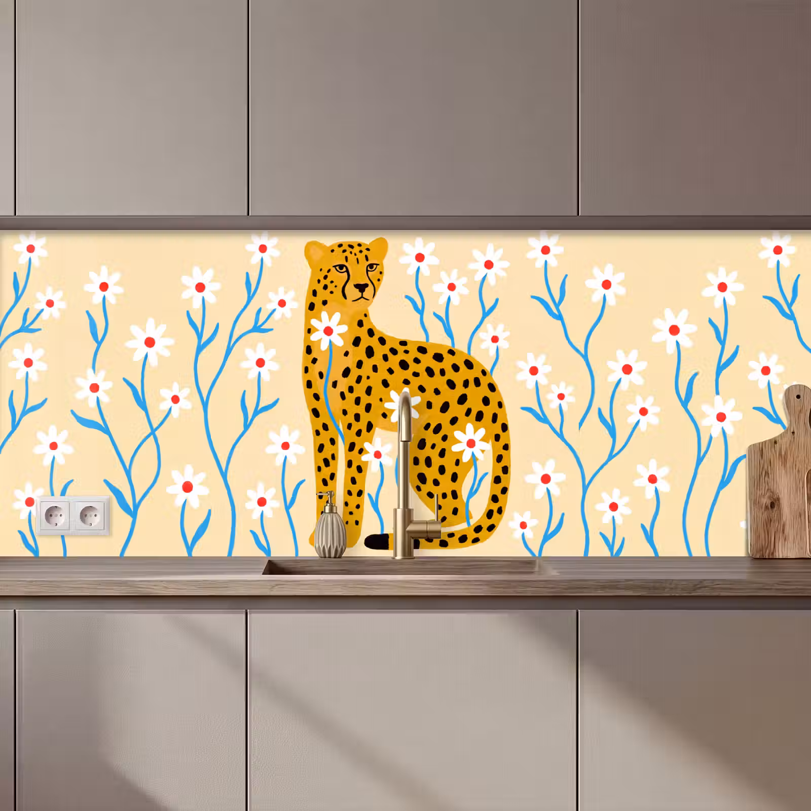 Küchenrückwand - Tiere – Gepard – Blumen – Modern – Gelb — 1