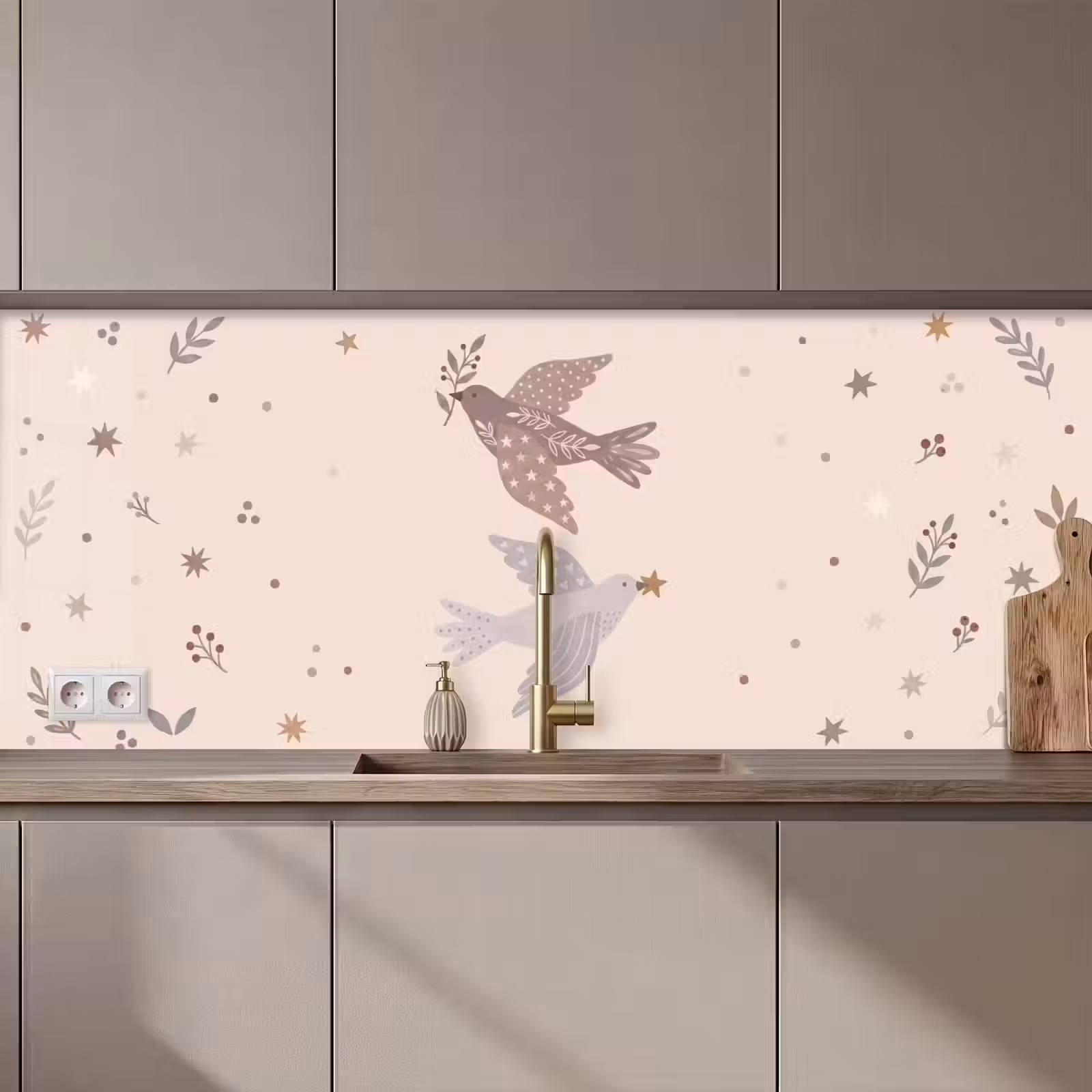 Küchenrückwand - Vogel – Beeren – Natur – Modern – Beige — 1