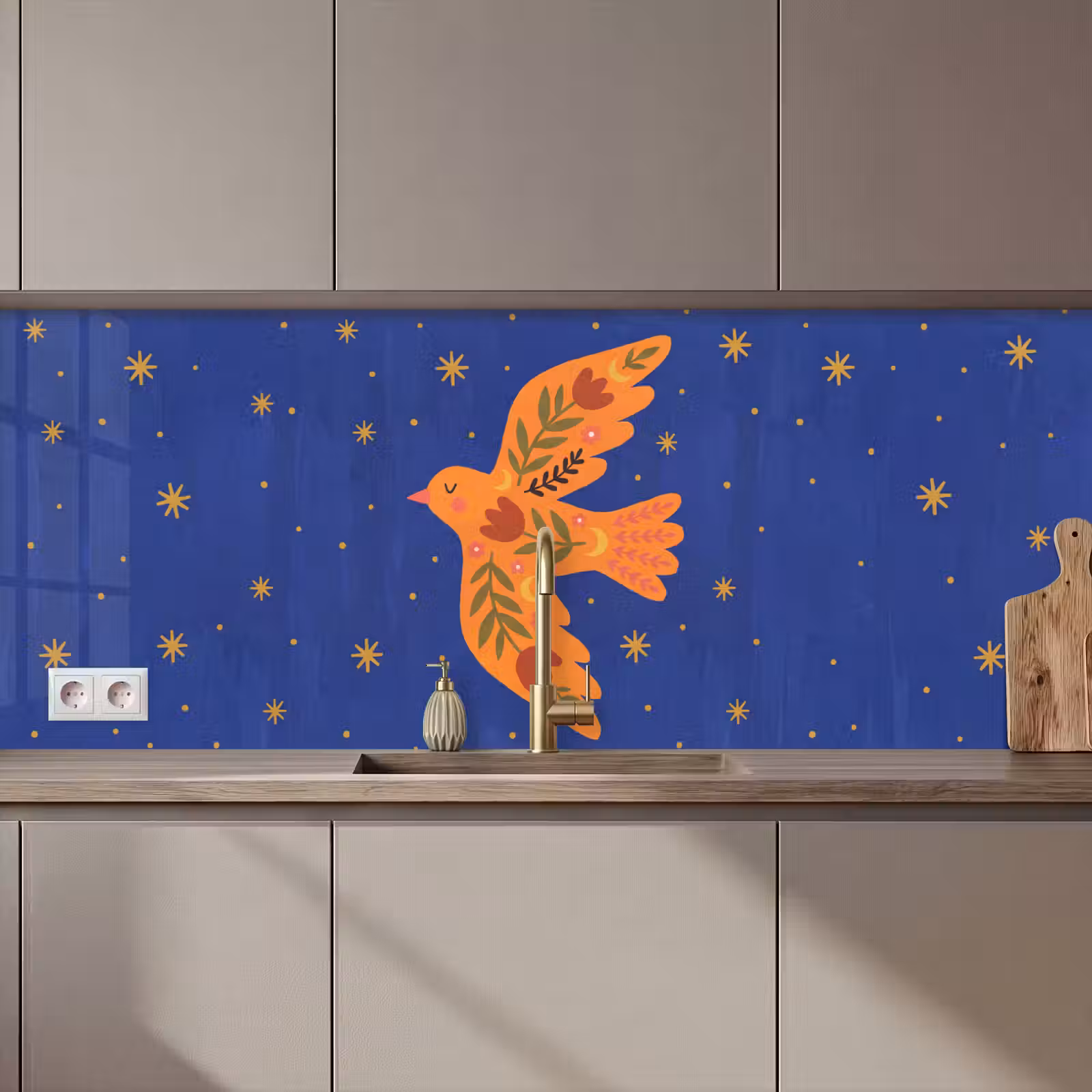 Küchenrückwand - Vogel – Blumen – Dekorativ – Orange – Blau — 1
