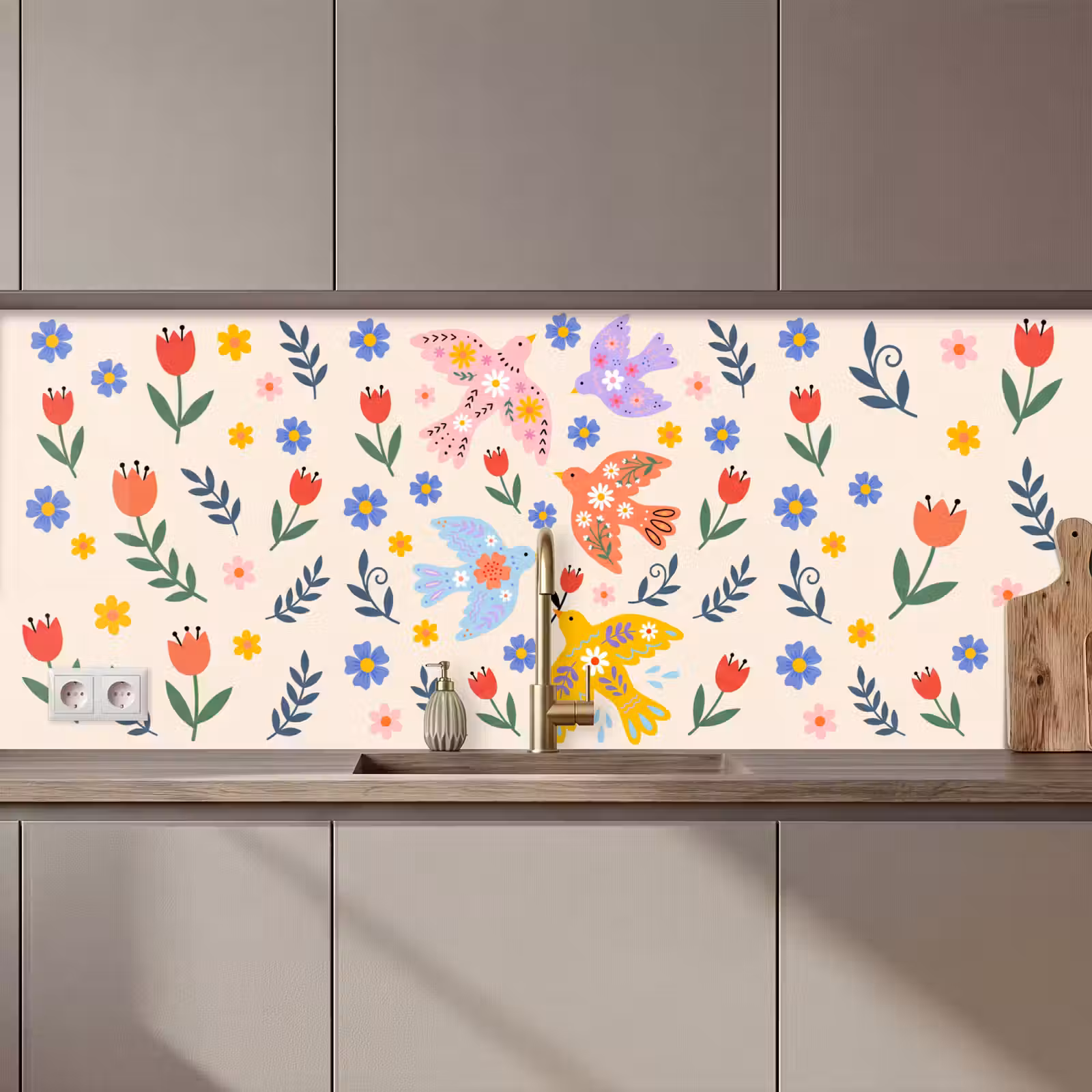 Küchenrückwand - Vögel – Blumen – Folk – Bunt – Tiere — 1