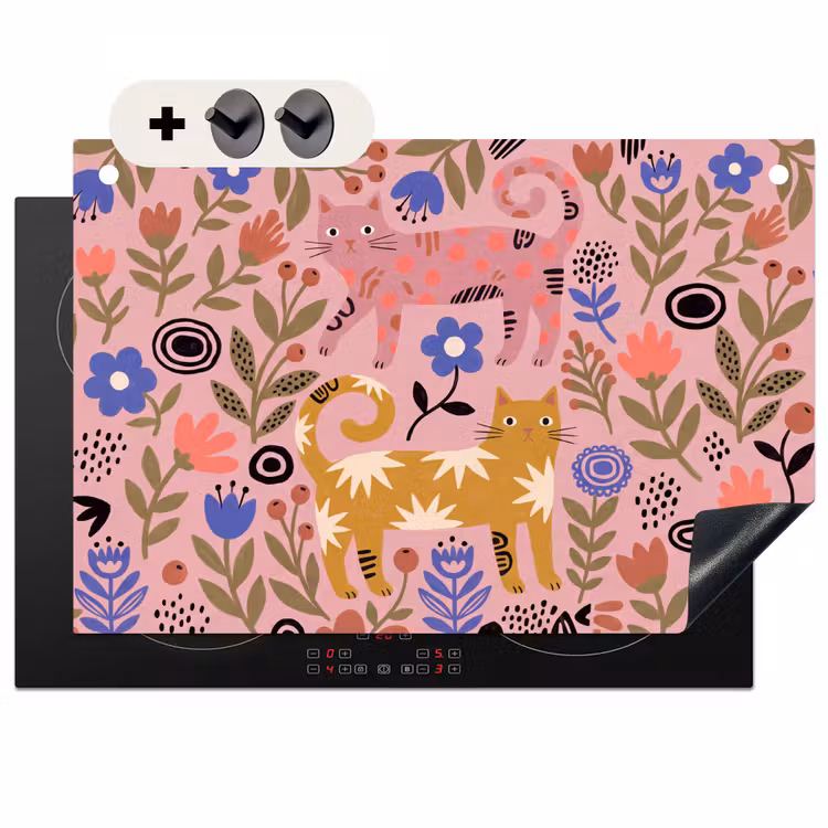 2-in-1 Herdabdeckplatte & Spritzschutz - Katze – Blumen – Tiere – Modern – Rosa — 1