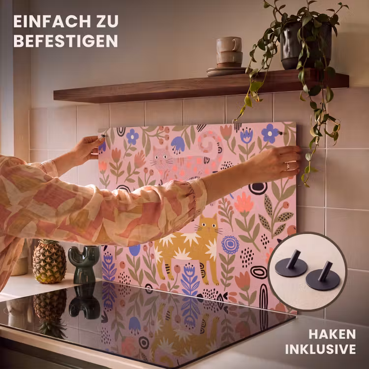 2-in-1 Herdabdeckplatte & Spritzschutz - Katze – Blumen – Tiere – Modern – Rosa — 7