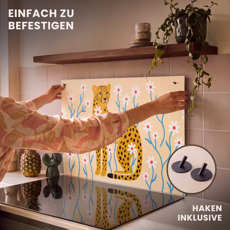 2-in-1 Herdabdeckplatte & Spritzschutz - Tiere – Gepard – Blumen – Modern – Gelb — 7