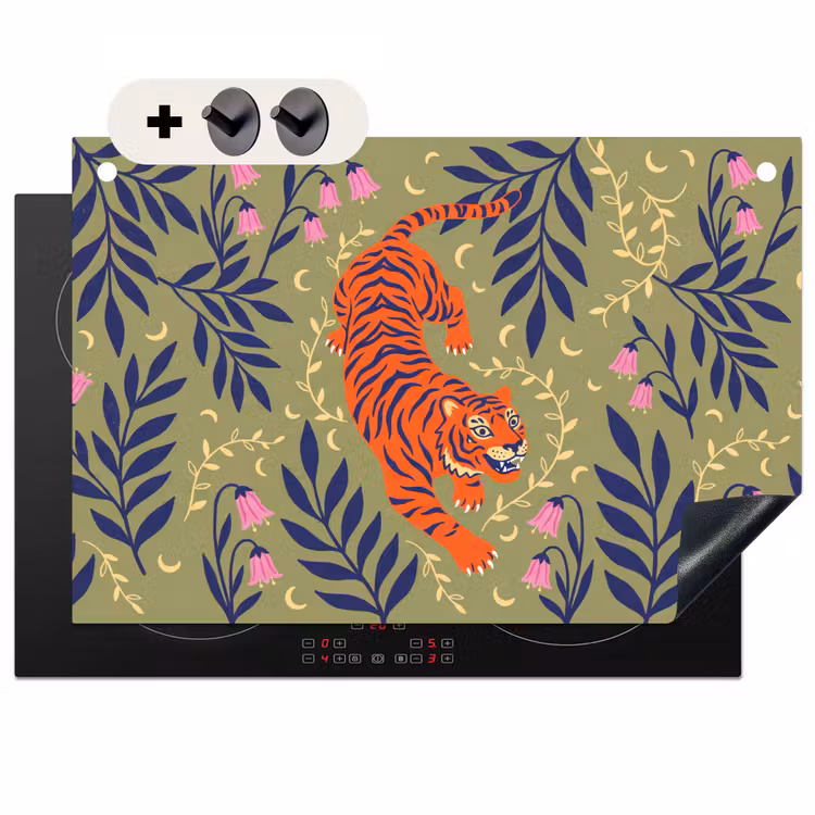 2-in-1 Herdabdeckplatte & Spritzschutz - Tiger – Blätter – Tiere – Illustration – Orange — 1