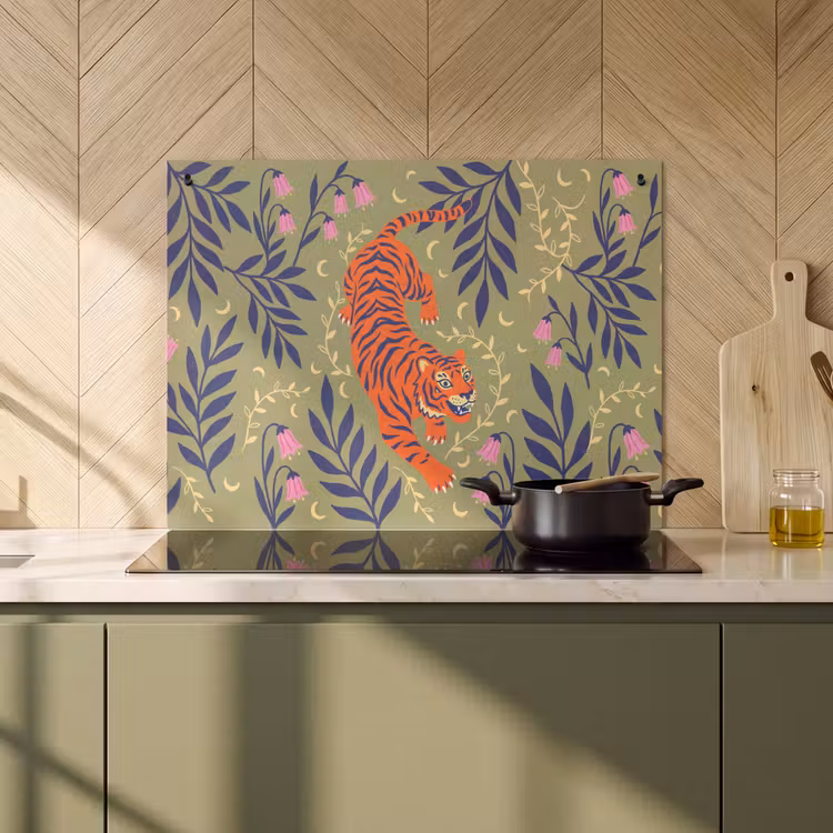 2-in-1 Herdabdeckplatte & Spritzschutz - Tiger – Blätter – Tiere – Illustration – Orange — 3