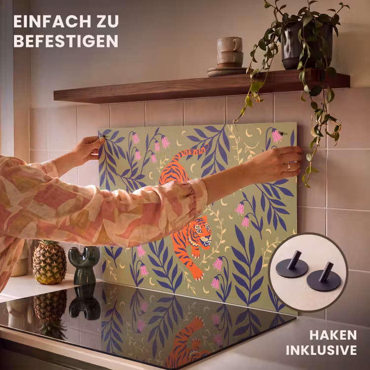 2-in-1 Herdabdeckplatte & Spritzschutz - Tiger – Blätter – Tiere – Illustration – Orange — 7