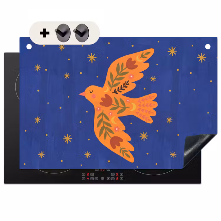 2-in-1 Herdabdeckplatte & Spritzschutz - Vogel – Blumen – Dekorativ – Orange – Blau — 1