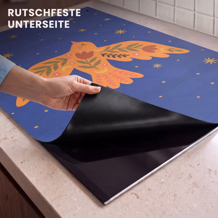 2-in-1 Herdabdeckplatte & Spritzschutz - Vogel – Blumen – Dekorativ – Orange – Blau — 4