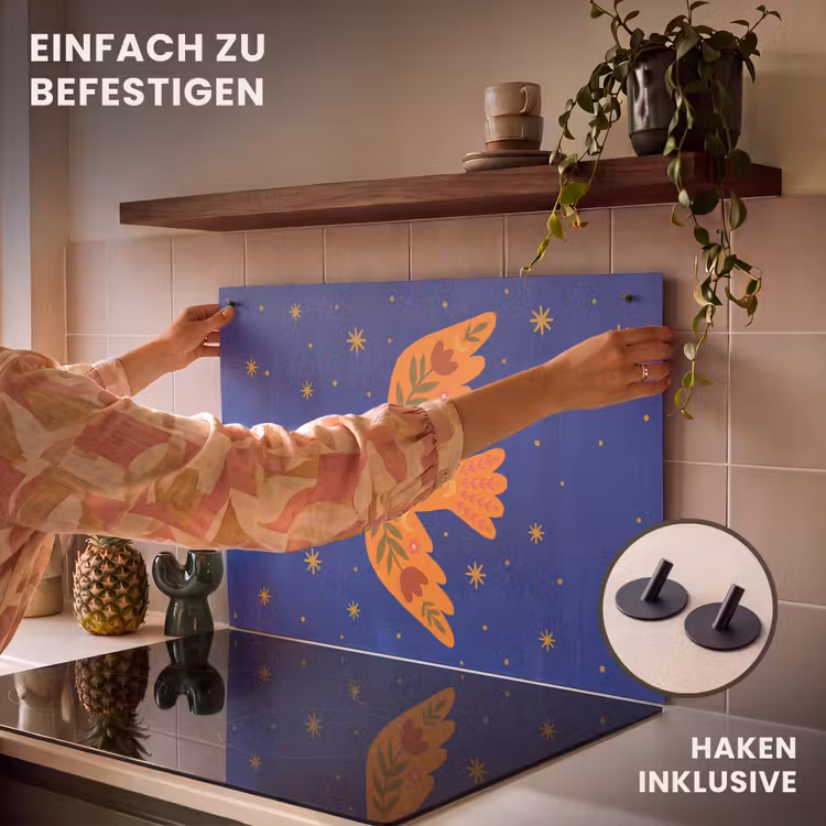 2-in-1 Herdabdeckplatte & Spritzschutz - Vogel – Blumen – Dekorativ – Orange – Blau — 7