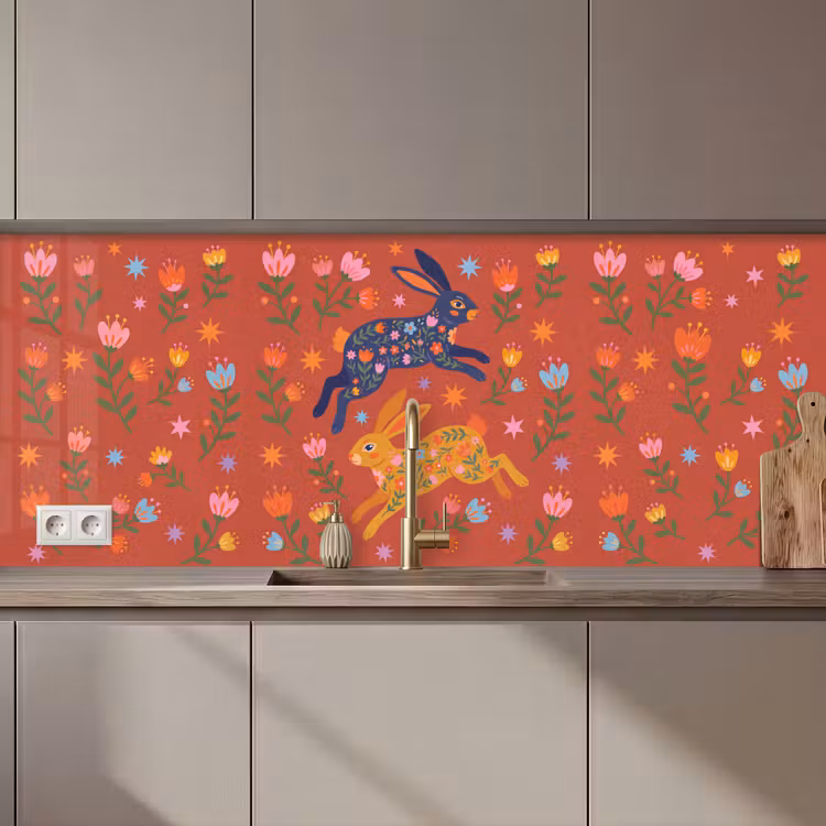 Küchenrückwand - Kaninchen – Blumen – Volkskunst – Farbenfroh – Tiere — 1