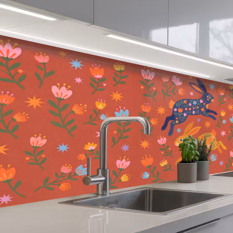 Küchenrückwand - Kaninchen – Blumen – Volkskunst – Farbenfroh – Tiere — 2