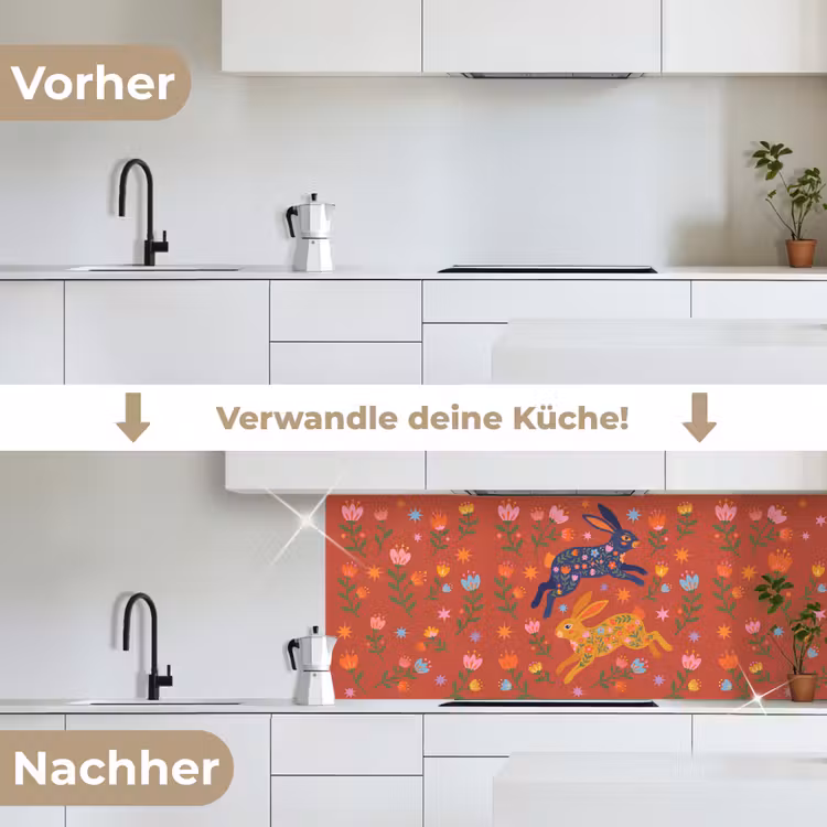 Küchenrückwand - Kaninchen – Blumen – Volkskunst – Farbenfroh – Tiere — 3