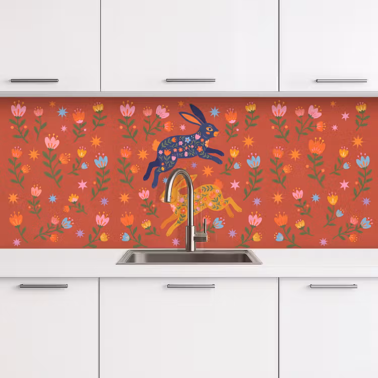 Küchenrückwand - Kaninchen – Blumen – Volkskunst – Farbenfroh – Tiere — 4