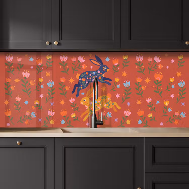 Küchenrückwand - Kaninchen – Blumen – Volkskunst – Farbenfroh – Tiere — 6