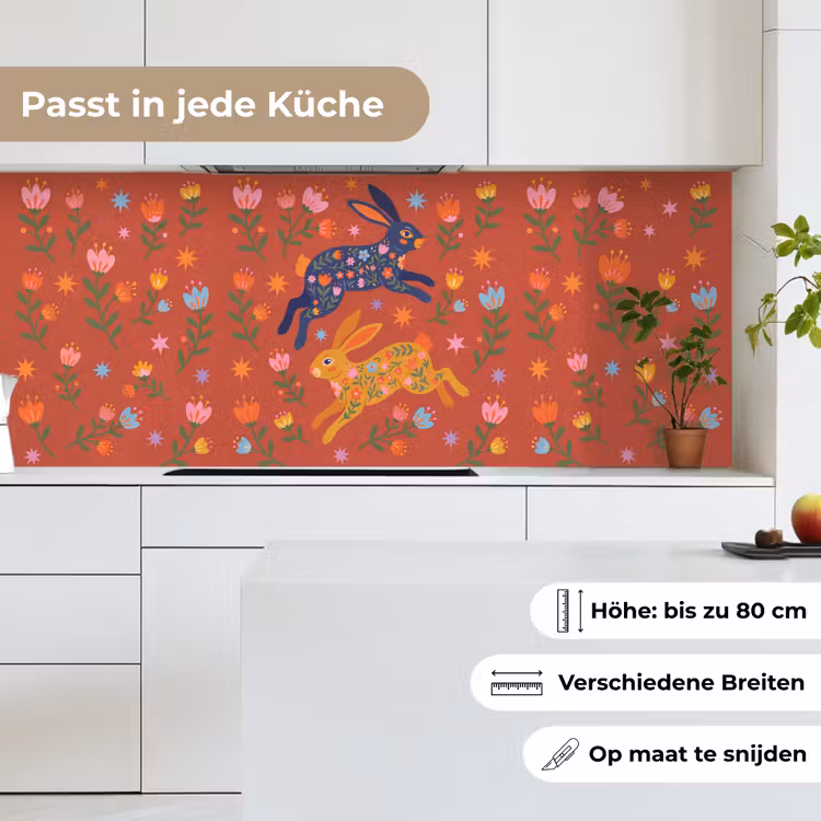 Küchenrückwand - Kaninchen – Blumen – Volkskunst – Farbenfroh – Tiere — 7