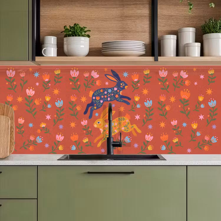 Küchenrückwand - Kaninchen – Blumen – Volkskunst – Farbenfroh – Tiere — 8