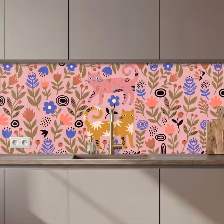 Küchenrückwand - Katze – Blumen – Tiere – Modern – Rosa — 1