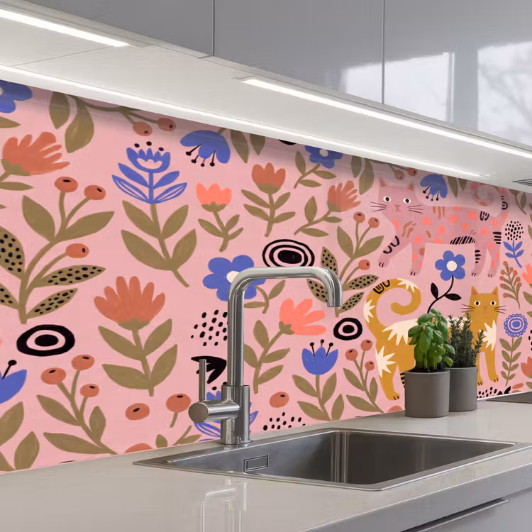 Küchenrückwand - Katze – Blumen – Tiere – Modern – Rosa — 2