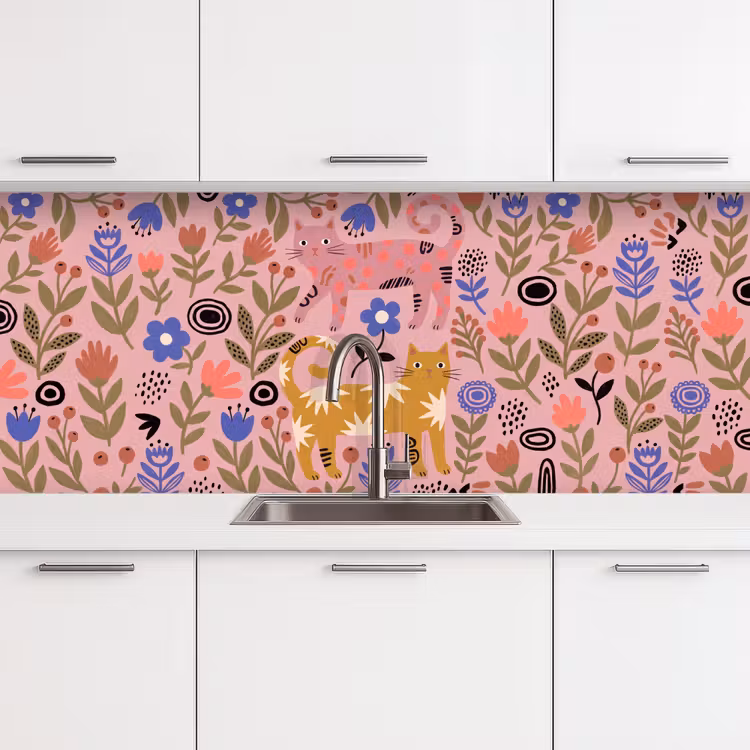 Küchenrückwand - Katze – Blumen – Tiere – Modern – Rosa — 4