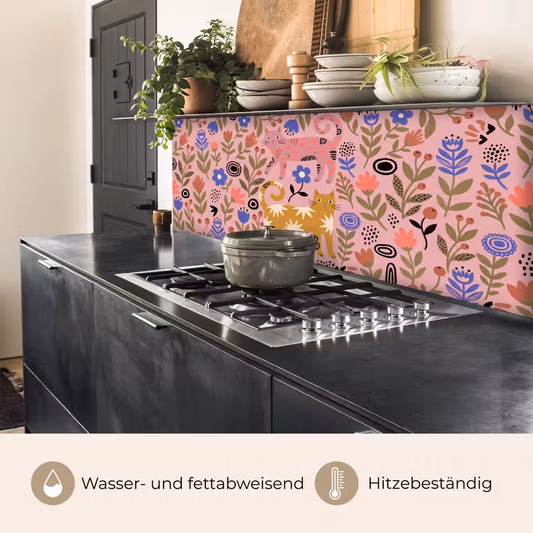 Küchenrückwand - Katze – Blumen – Tiere – Modern – Rosa — 5