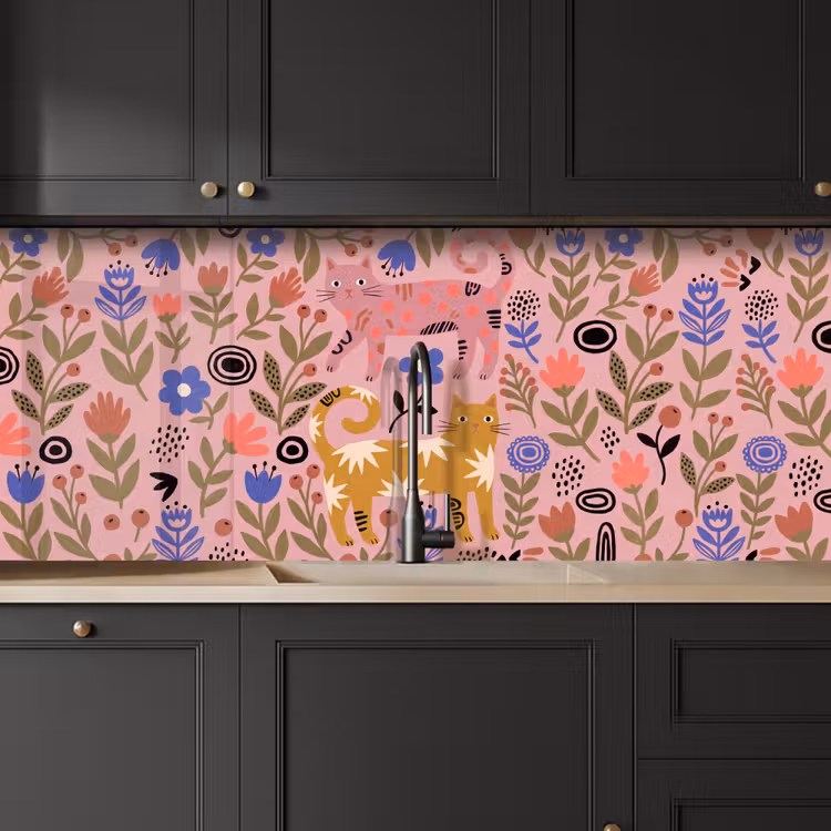 Küchenrückwand - Katze – Blumen – Tiere – Modern – Rosa — 6
