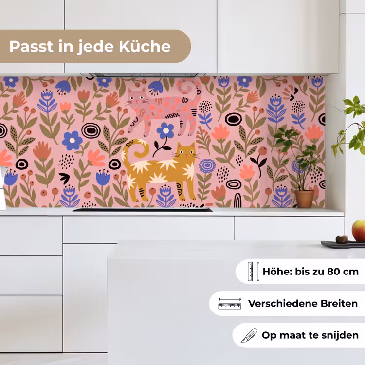 Küchenrückwand - Katze – Blumen – Tiere – Modern – Rosa — 7