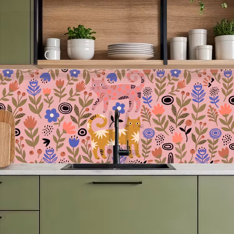 Küchenrückwand - Katze – Blumen – Tiere – Modern – Rosa — 8