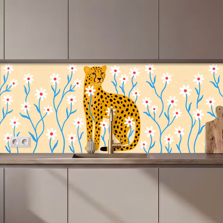 Küchenrückwand - Tiere – Gepard – Blumen – Modern – Gelb — 1