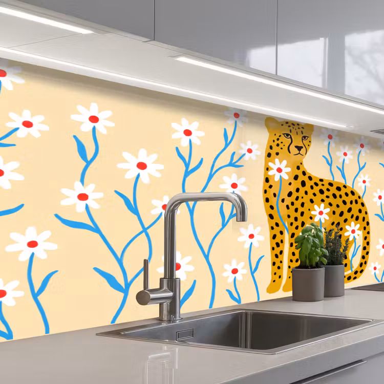 Küchenrückwand - Tiere – Gepard – Blumen – Modern – Gelb — 2