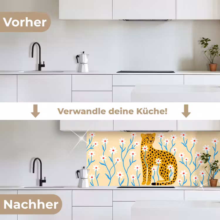 Küchenrückwand - Tiere – Gepard – Blumen – Modern – Gelb — 3
