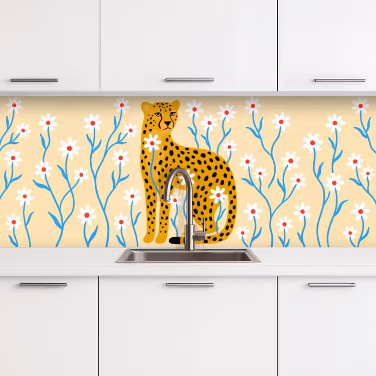 Küchenrückwand - Tiere – Gepard – Blumen – Modern – Gelb — 4