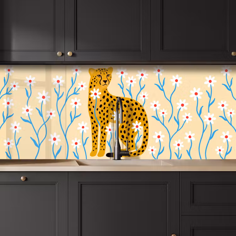 Küchenrückwand - Tiere – Gepard – Blumen – Modern – Gelb — 6