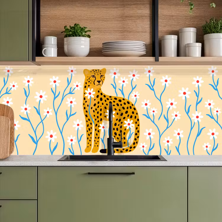 Küchenrückwand - Tiere – Gepard – Blumen – Modern – Gelb — 8